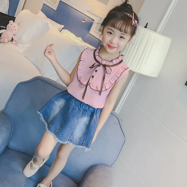 kids girls bowknot ribbon sleeveless shirts  denim short skirts girls clothes suits sets 7