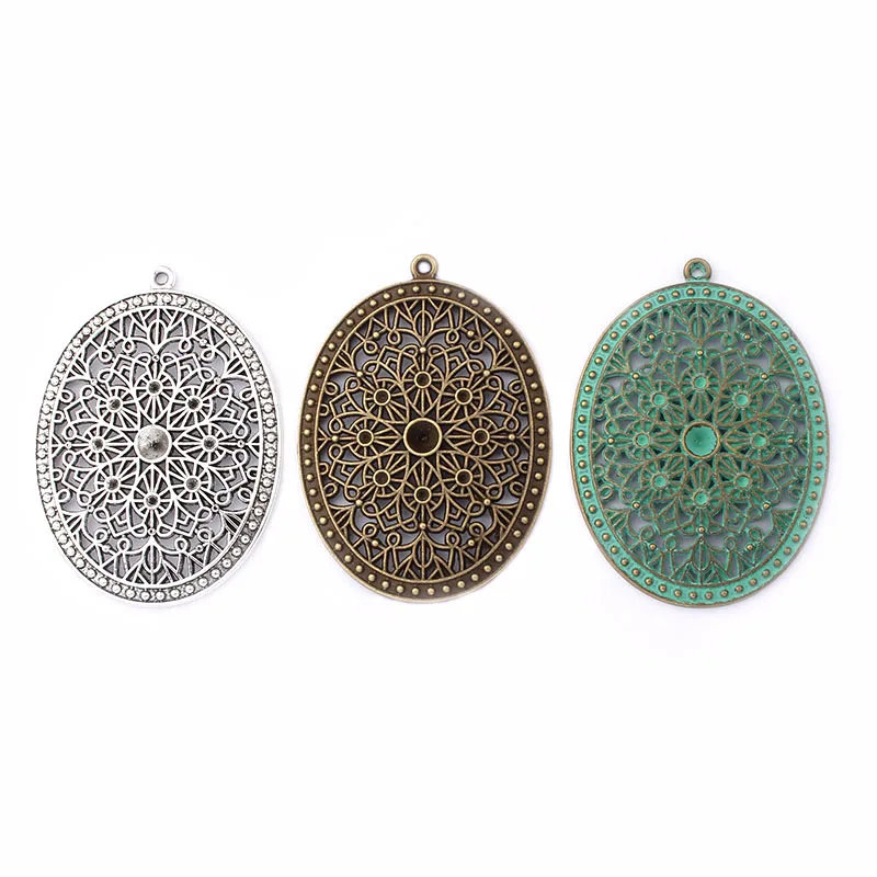 

3PCS Large Antique Silver/Bronze/Verdigris Patina Hollow Flower Oval Pendant 5mm Blank Rhinestone Settings Jewelry Findings