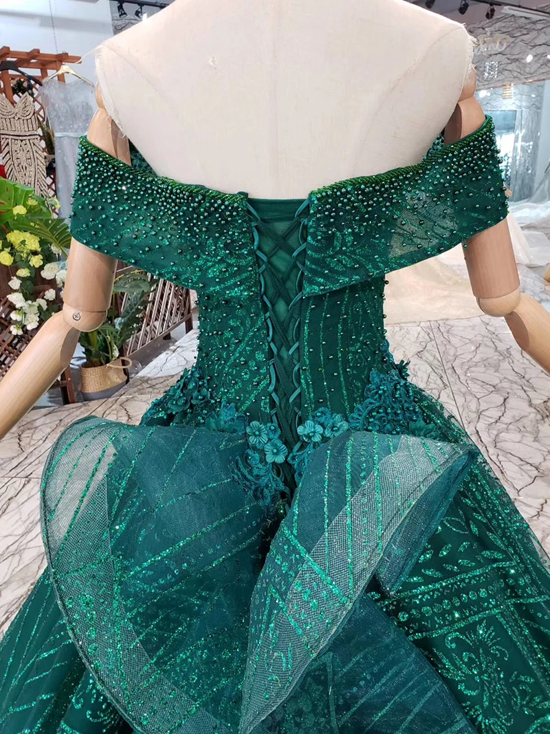 HTL240 robe de soiree green lace evening dresses long off the shoulder beaded sweetheart A-line formal party dress court train