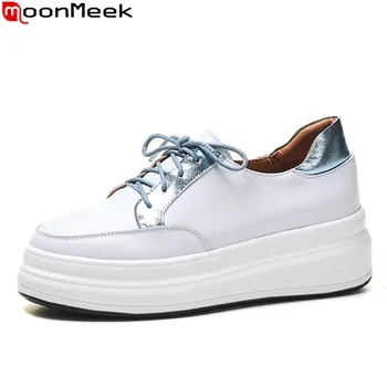 

MoonMeek 2020 new flats shoes women round toe lace up genuine leather shoes casual Thick bottom flat platform shoes