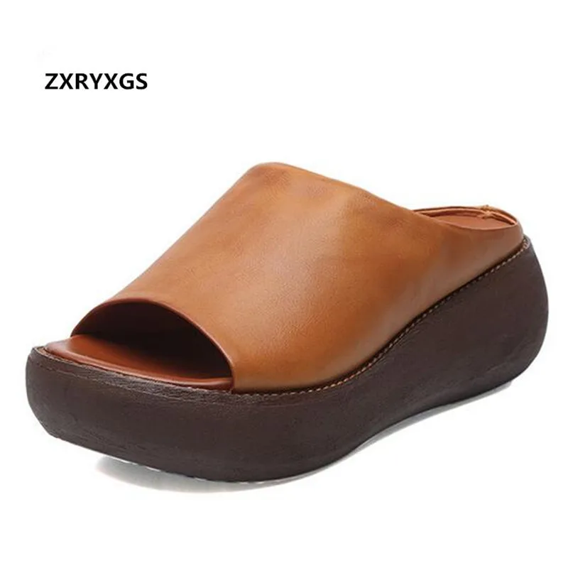 Sandalias de cuero de boca de pez para mujer, zapatillas de cuña con plataforma, cómodas, suaves, informales, 2024