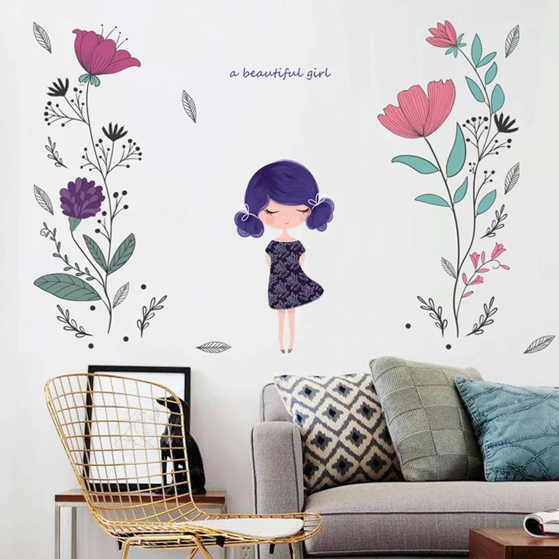 Hand painted flower and girl wall sticker PVC Material DIY Lovely Girl
