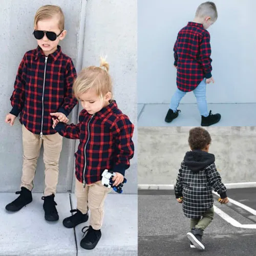 

2018 Brand New Toddler Kids Baby Boys Girls Shirt Plaids Long Sleeve Turn-Down Collar Tops Zipped Pockets Coat Clothes 1-5T