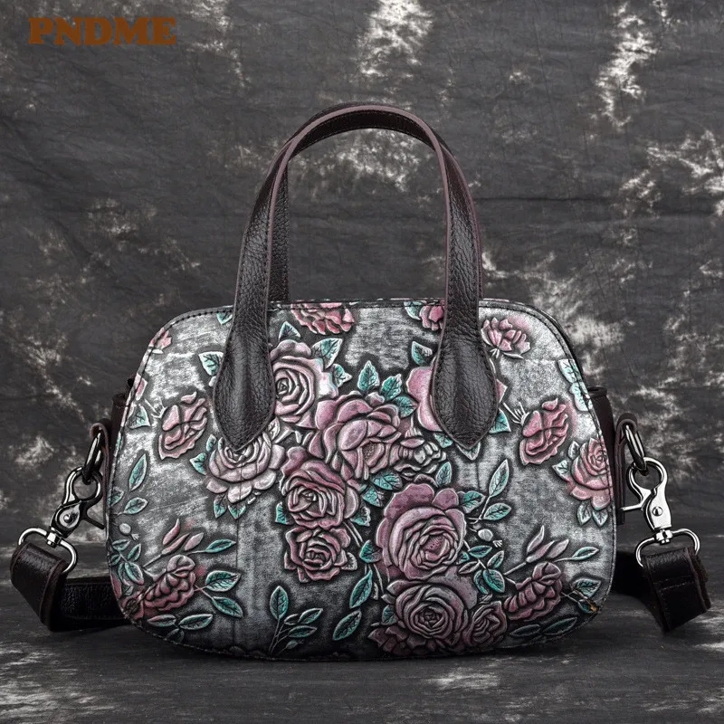 

PNDME fashion casual outdoor genuine leather ladies handbag retro embossed rose luxury cowhide women's shoulder crossbody bags