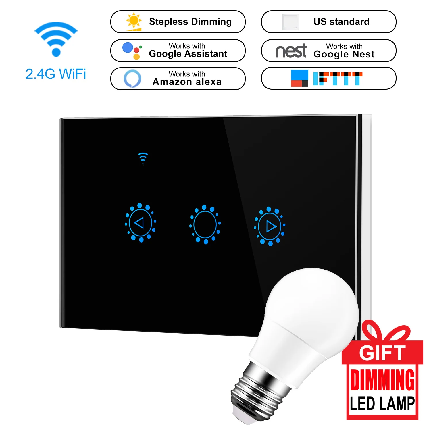 Smart Wifi Switch Touch Control Stepless Dimmer Panel Switch For