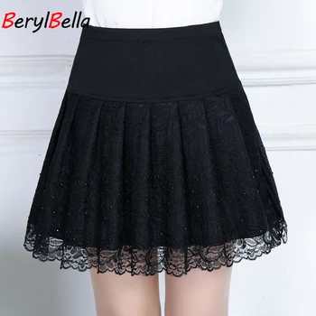 

BerylBella Ladies Lace Skirts Women Classic Elegant Pleated High Waist Fringes Tassels Floral Korean Girls Lace Mini Skirt