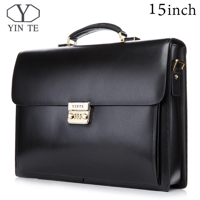 YINTE 15 inch Leather Briefcase Men's Big Briefcase Style Bag Black