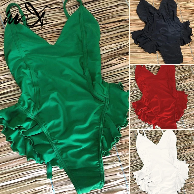 

In-X V-neck one piece swimsuit female Sexy ruffle bikini 2019 Backless swimwear women bodysuit one-piece suits String monokini