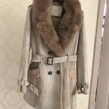 Роскошное женское высококачественное кожаное пальто из натуральной овчины, шерстяная кашемировая куртка с подкладкой для девушек, большой воротник из меха лисы, xxxl 3xl