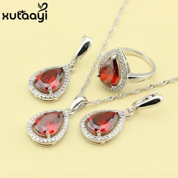

Water Drop Synthetic Red Garnet White Zircon Silver Jewelry Set Ring Size 6/7/8/9/10 Christmas Gift For Women