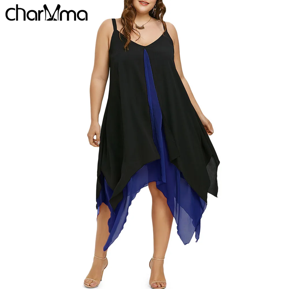 

Summer Women Chiffon Dress Plus Size Handkerchief Hem sundress Flyaway Dresses Sleeveless Mid-Calf robe femme V-Neck Vestidos