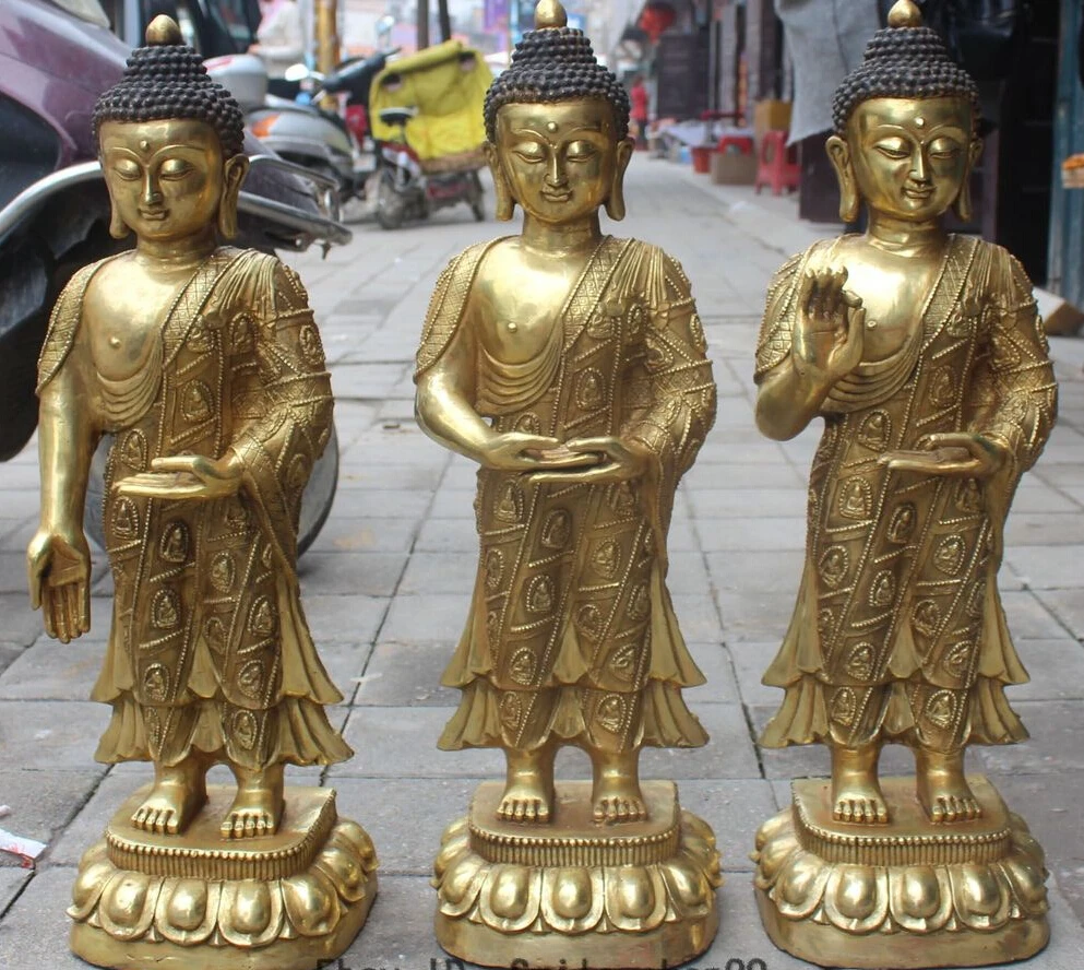 

26" Tibet Buddhism Bronze Gilt Stand Shakyamuni Sakyamuni Buddha Statue Set