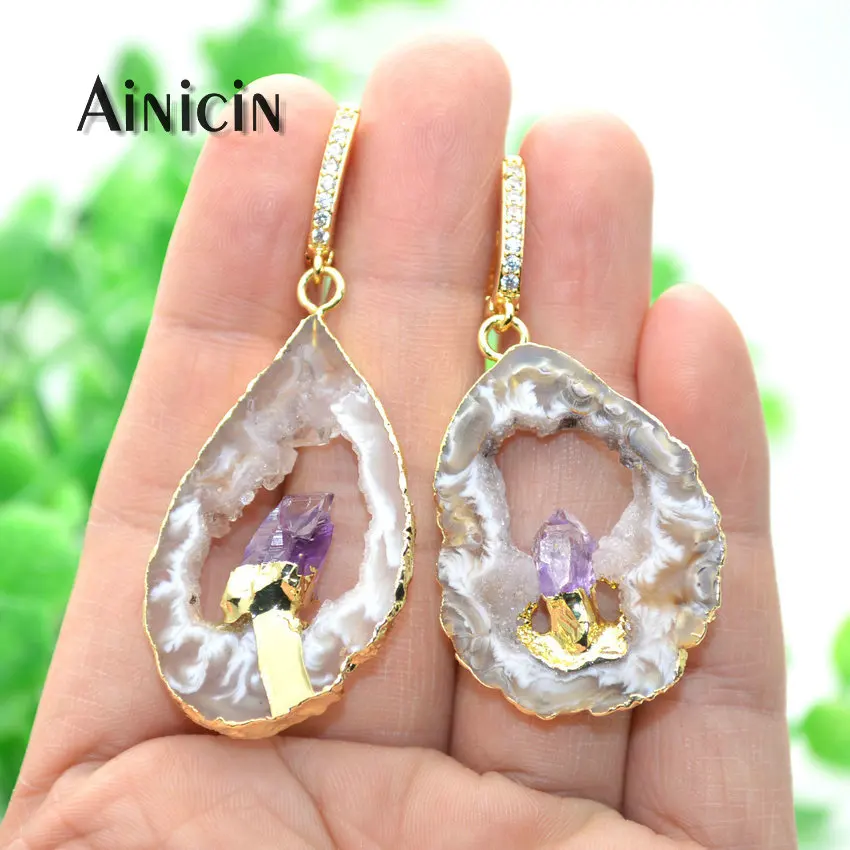 Real Colorful Crystal Geode Slice Druzy Gold Plated DIY Earring Pair Connectors
