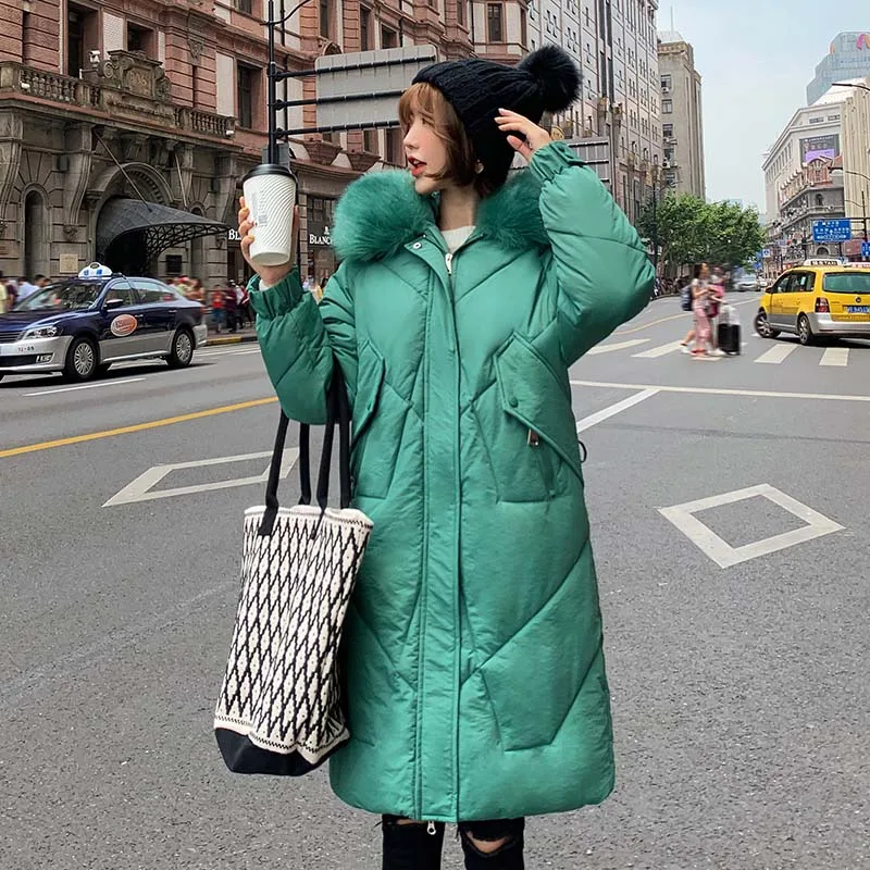 Новое поступление, зимняя куртка для женщин, корейский стиль, с капюшоном, с искусственным мехом, женское длинное пальто, теплая утепленная Дамская парка, верхняя одежда - Color: Green