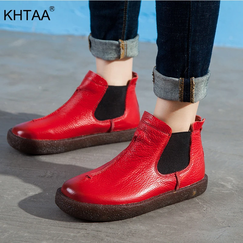 

Autumn Handmade Flat Platform Woman Boots Ankle Cow Leather Solid Elastic Band Winter Chelsea Boots Slip-On Footwear 2018 New
