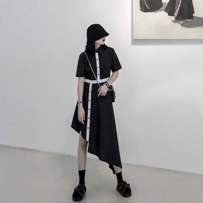 

[EWQ] 2019 Summer New Pattern Office Lady Style A-line Contrast Color Patchwork Button Mid-length Suit Collar Fashion DressAF441