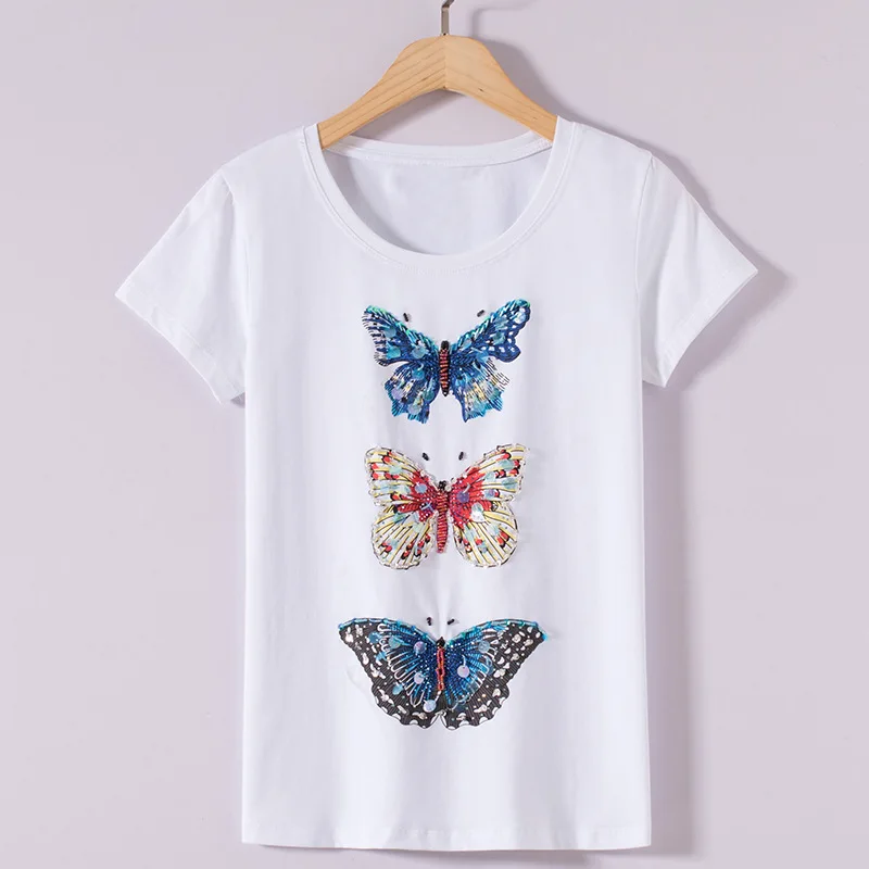 BabYoung جديد الصيف قمم عارضة المرأة القميص القطن المحملة قميص فام قصيرة الأكمام الكرتون فراشة نمط الماس T قميص