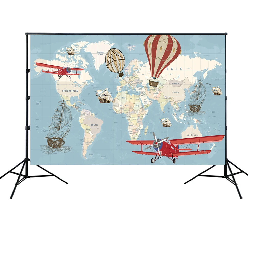 HUAYI Hot Air Balloon Aircraft Birthday Backdrop World Map Adventure Globe Travel Baby Portrait Photo Background Wallpaper W2077