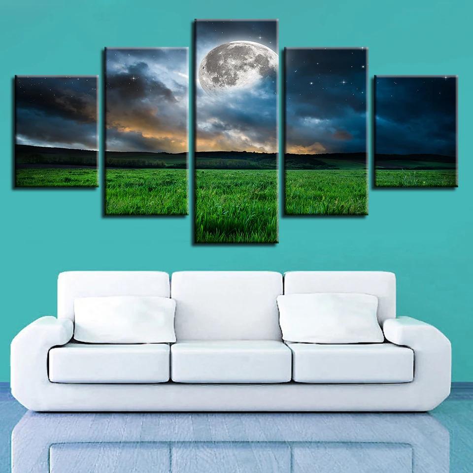 

Modular Canvas Pictures Wall Art 5 Pieces Moon Grassland Night View Painting HD Prints Poster Frame Modern Decor For Living Room