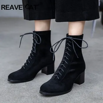 

REAVE CAT suade Stretch Boots mid- calf boots block high heel Spring autumn bootie Lady lace up shoes cow leather insole