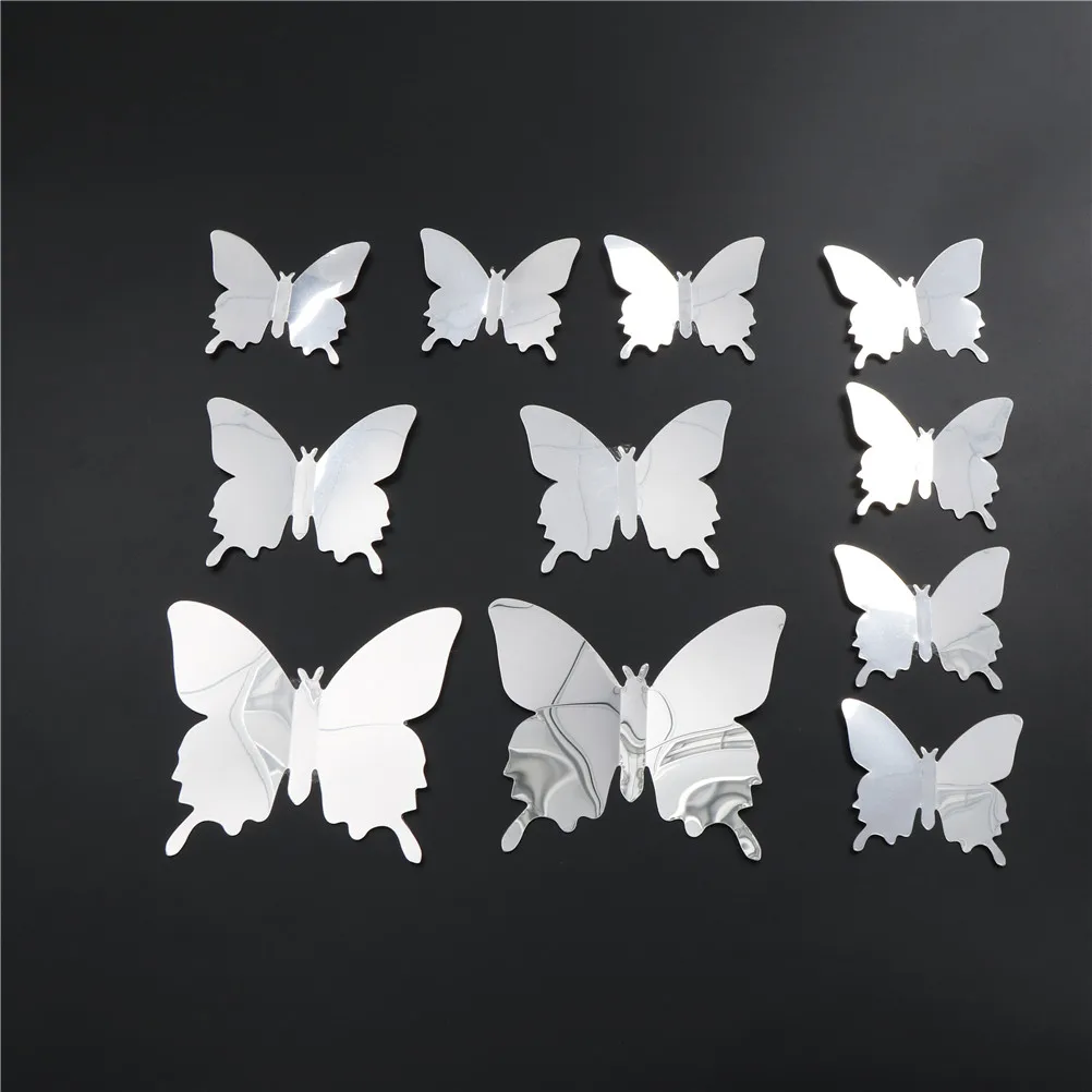 

12pcs/set 3 Size Mirror 3D Butterfly Sliver Wall Stickers Party Wedding Decor