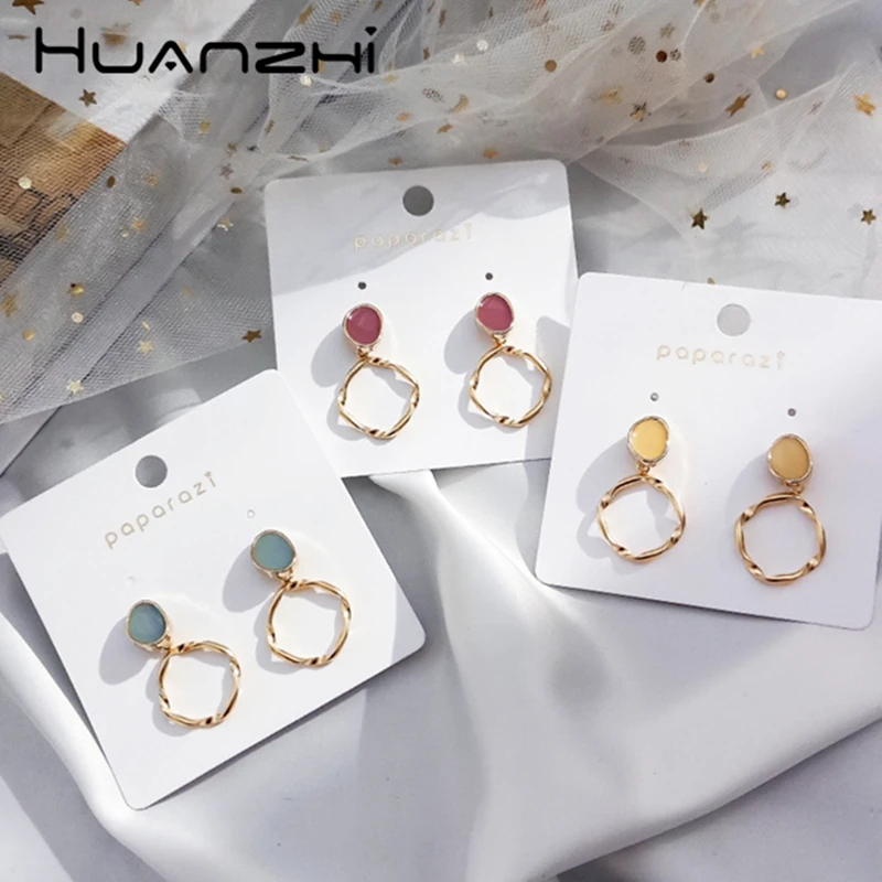 

HUANZHI 2019 Summer Lovely Chic New Drop Glaze Irregular Circle Metal Elegant S925 Silver Drop Earrings for Women Wedding Daily