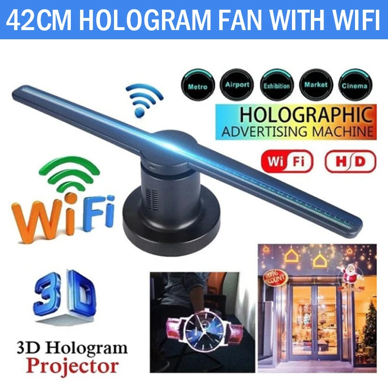 

Wifi with 16G TF 3D Hologram Projector Fan Holographic Display Advertising Player Store Signs Party Decorations Funny 42cm Kit
