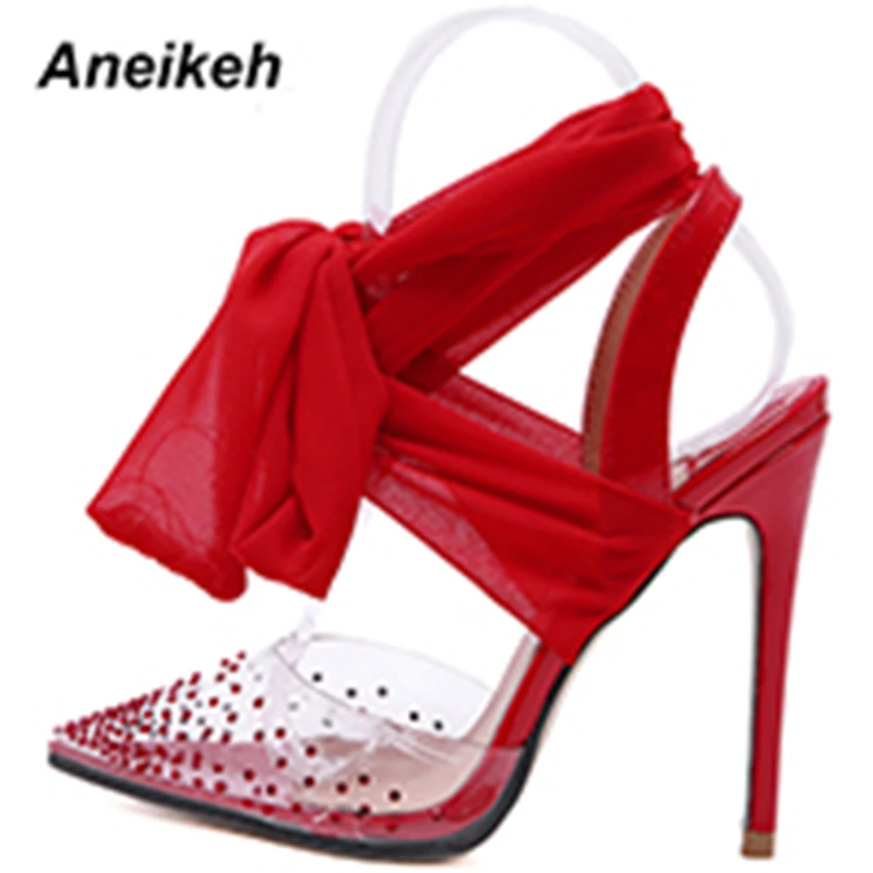 Aneikeh/Новинка г. сандалии-Шлепанцы из ПВХ с перекрестной шнуровкой и кристаллами, милые стильные женские босоножки на тонком каблуке с бантом-бабочкой, размер 4-9