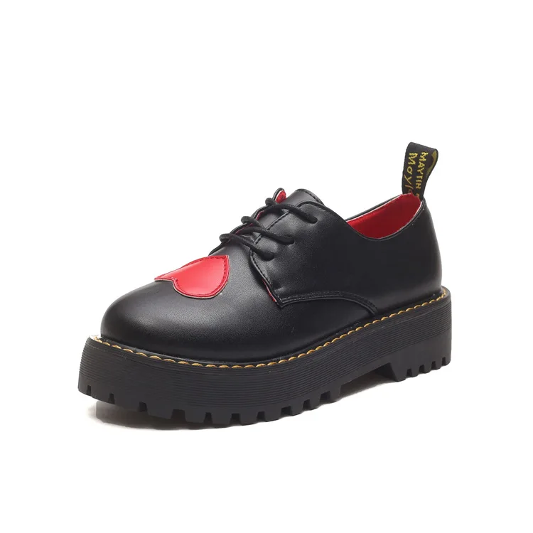 Г., женская кожаная повседневная обувь в британском стиле женская повседневная обувь с круглым носком и красным сердцем женские кроссовки на плоской подошве - Цвет: Черный