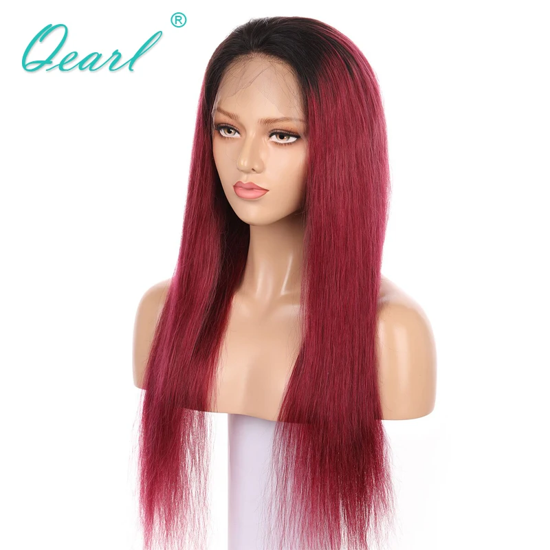 

13x4 Lace Front Wig Ombre Red Color with dark roots Glueless with Middle Part Human Hair Brazilian Remy Silky Straight Qearl