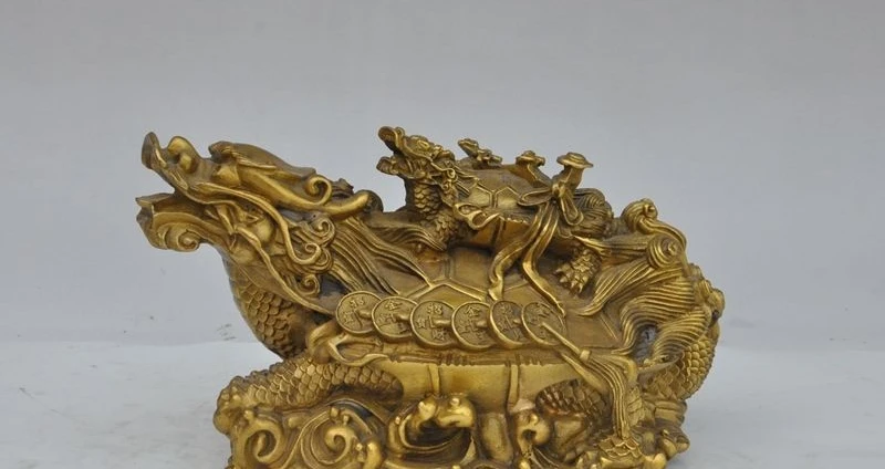 

8" chinese fengshui brass wealth money coin ruyi dragon turtle Tortoise statue
