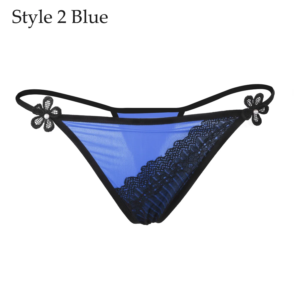 Women Erotic Lingerie Sexy Lace Flowers Panties Low Waist G-string Transparent T-back Briefs Underwear Fashion Summer Underpants - Цвет: Style 2 Blue