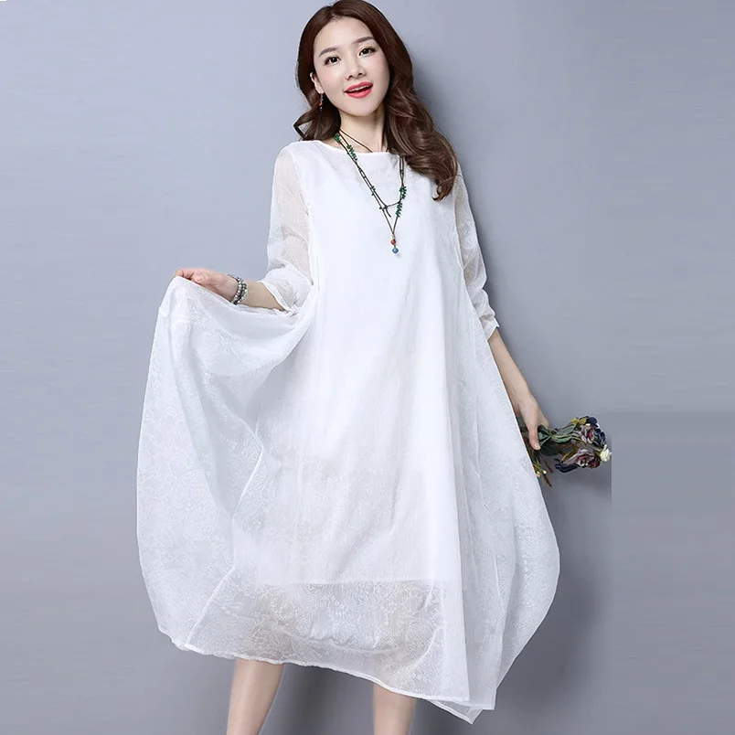 2017New spring Women Cotton Linen loose longos Dress raglan sleeve ...