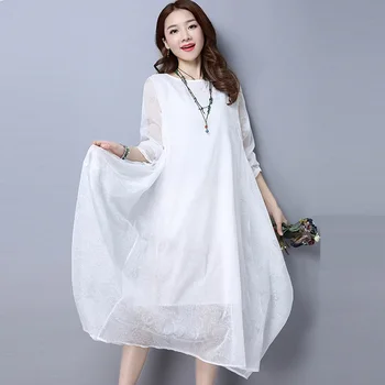 

2017New spring Women Cotton Linen loose longos Dress raglan sleeve elegant China Style junior asymmetrical dress linen dresses