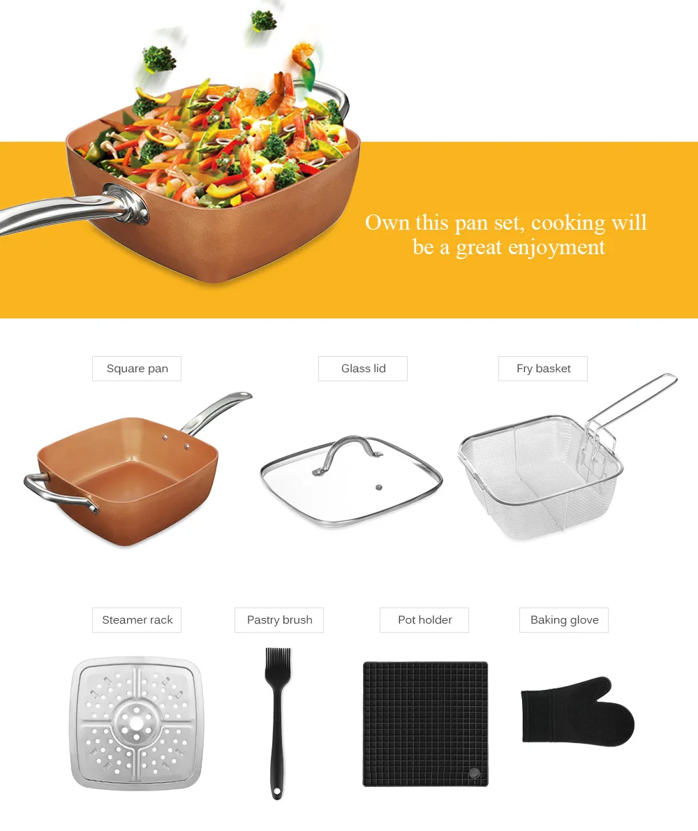 7pcs Square Nonstick Copper Pan Frying Basket Steamer Tray Pastry Brush