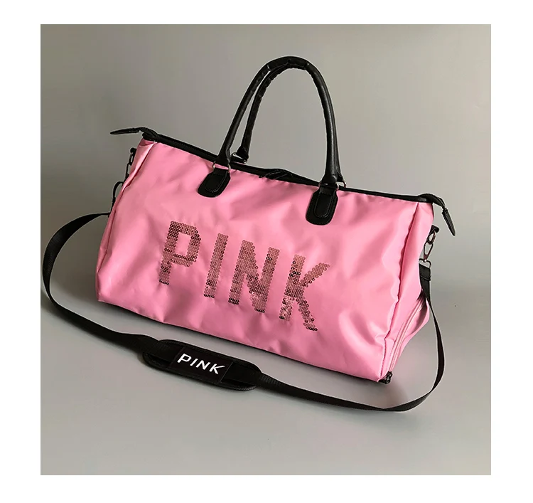 Дорожная сумка с блестками и розовыми буквами, разработанная из искусственной кожи Женская дорожная сумка на плечо, Вместительная дорожная сумка для багажа