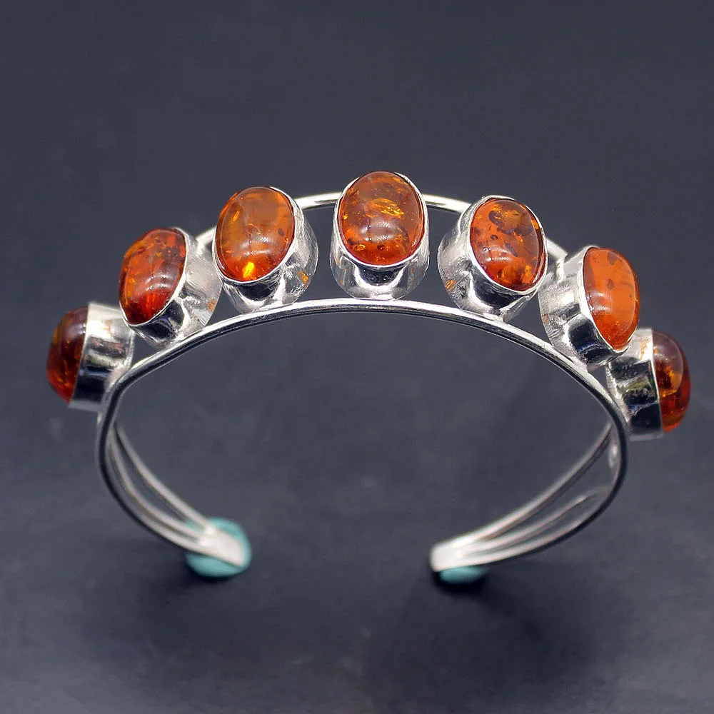 Fashion Charms Natural Orange Amber925 Sterling Silver Cuff Bangle