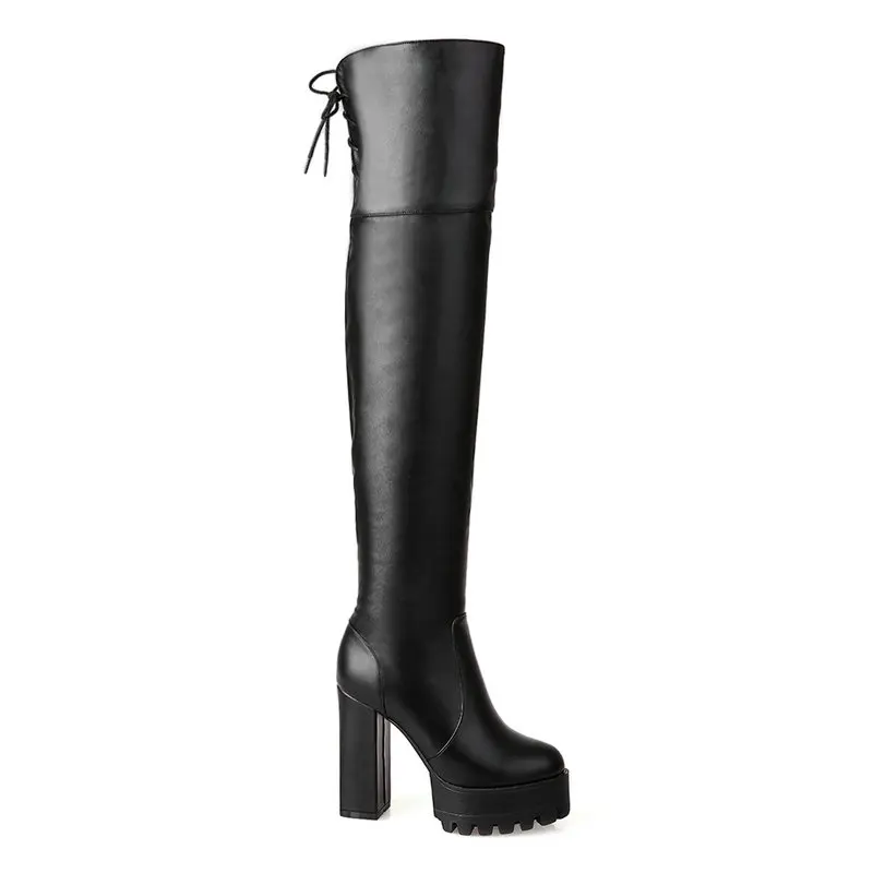 Женские ботфорты выше колена на платформе и высоком толстом каблуке сапоги из искусственной кожи на молнии на шнуровке Зимняя модная женская обувь черного и белого цвета