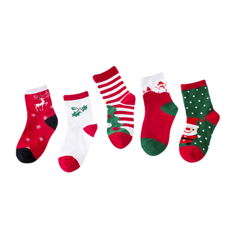 5 пар, рождественские осенне-зимние хлопковые цветные носки, комплект для малышей, унисекс, сохраняющие тепло, свободный размер, милые повседневные носки с рисунками