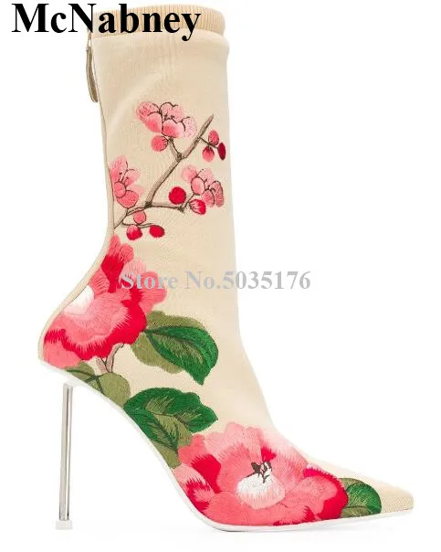 

New Beige Fashion Flock Flower Printing Pointed Toe Stiletto Heel Mid-Calf Short Boots Zip Cover Heel Spring/Autumn Women Shoes
