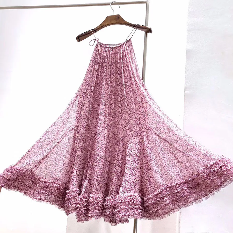 

Top Quality Branded Silk Dresses 2019 Summer England Style Mint Green Rose Floral Print Ruffles Hemline Elegant Spaghetti Dress