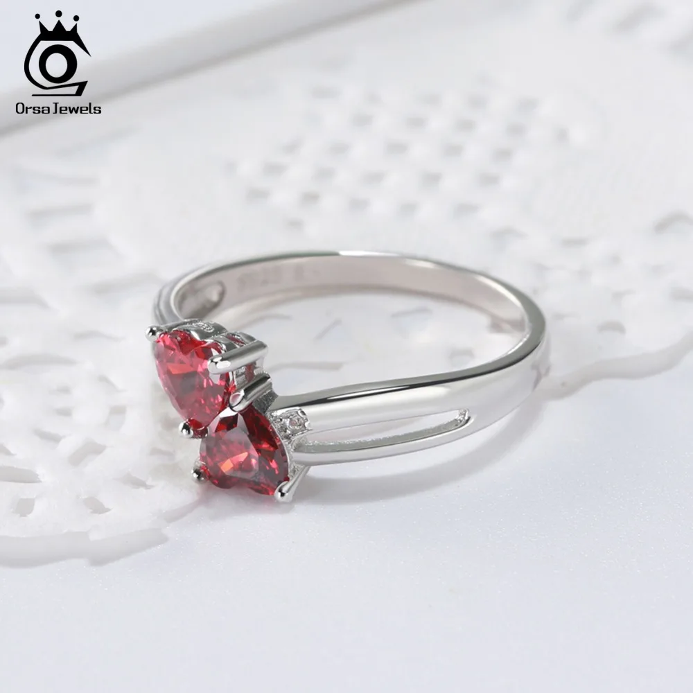 ORSA JEWELS Genuine 925 Sterling Silver Women Rings Double Heart Shape AAA Red Cubic Zircon Female Party Ring Jewelry SR58-R