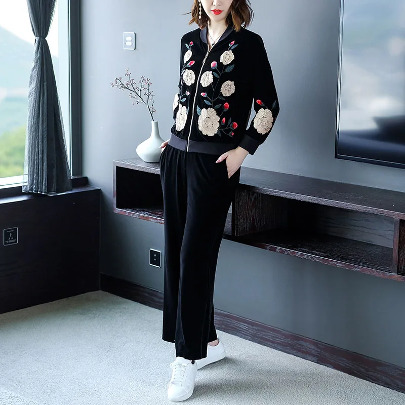 Schwarze High End M Floral Set Anzug Vintage Set L Jacke Samt Stickerei Elegante 4xl Hosen Blumen ssig Frauen Top Dame zSpqUVM