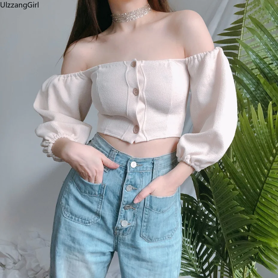 Women Ladies Sexy Knit Single Breasted Button Elegant Long Sleeve Off Shoulder Slash Crop Top Short Tee T Shirt T-Shirt Blusas