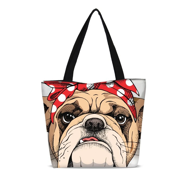 

New Cute Bulldog Portable Folding Shopping Bag Large Canvas Girls School Bookbag Foldable Ripstop Shoulder Handbag Drop Shipping