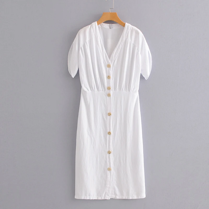 Women's Clothing Dress 2019 Solid Color Casual Style V-Neck Single-Breasted Dress Ms Summer Street Sexy Temperament Clothing