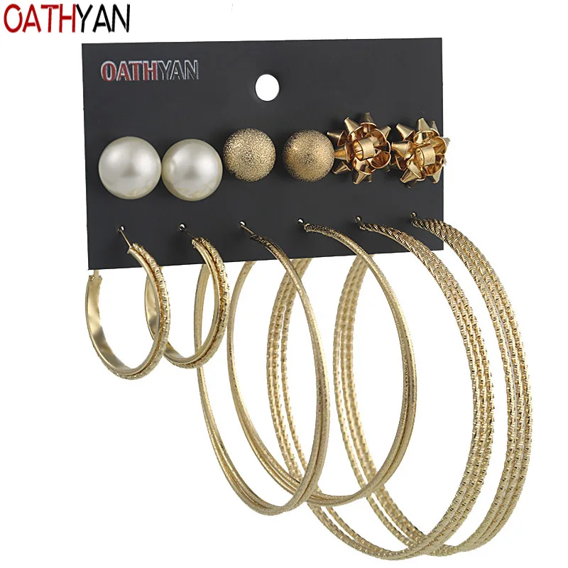 

OATHYAN 6 Pairs/Set Punk Gold Color Statement Round Hoop Earrings Sets Female Oversize Multilayer Ball Circle Earring For Women