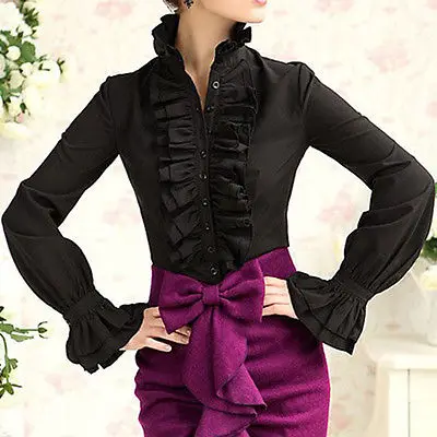 UK Women Long Sleeve Blouse Ruffle Collar Victorian Shirt Office Ladies Top 8-26 