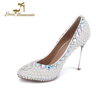 

Fashion Design White Pearl Wedding Bridal Shoes Round Toe High Heel Formal Dress Shoes AB Crystal Steel Thin Heel Mujer bombas