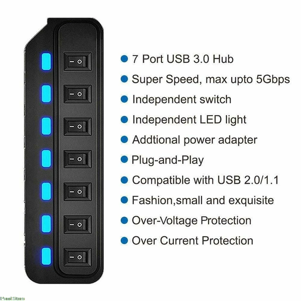 Plug& Play портативный размер 7 портов USB 3,0 концентратор вкл/выкл переключатели кабель адаптера переменного тока сплиттер для ПК ноутбука RF